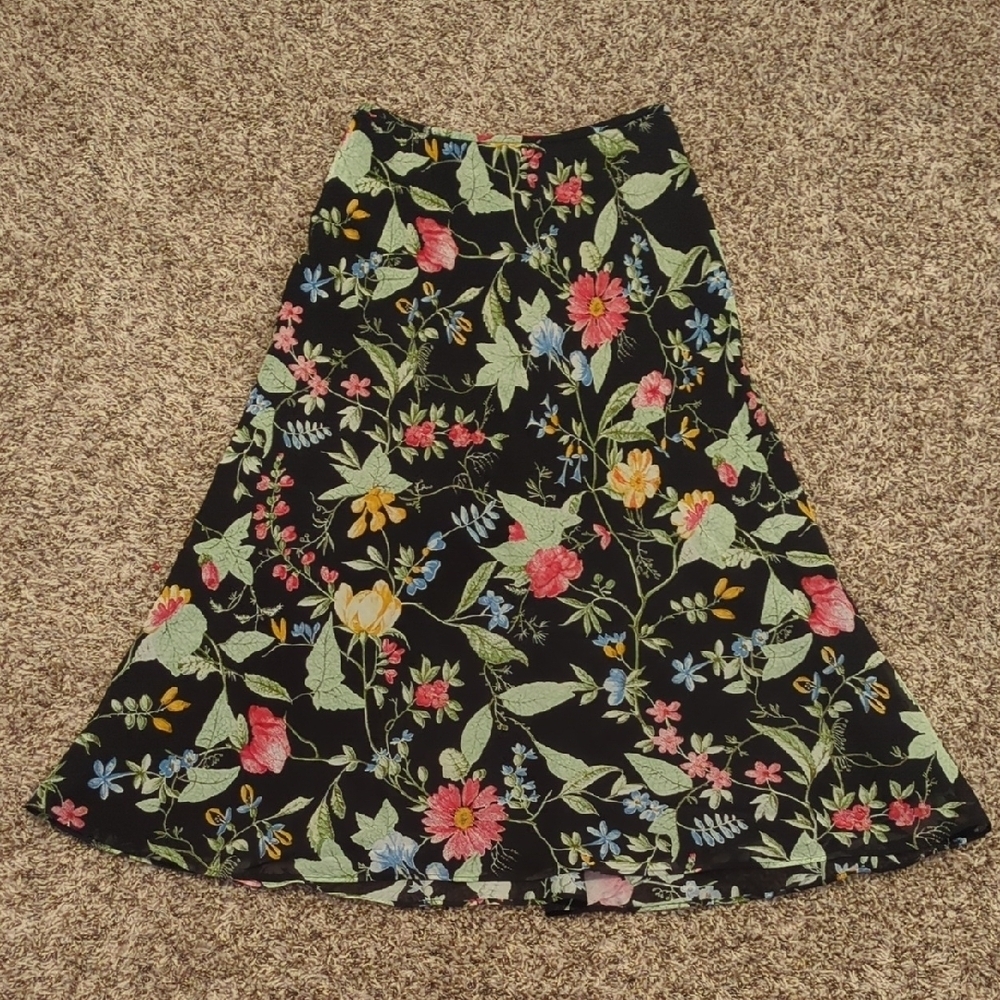 Kasper black multicolor floral viscose a line midi skirt